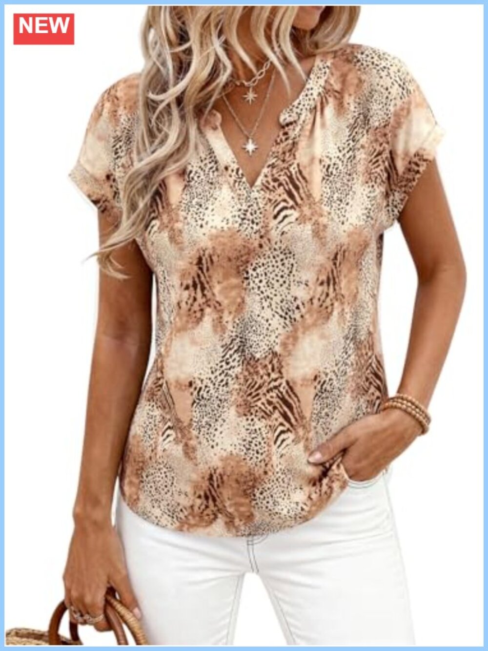 Floral V-Neck Cap Sleeve Pleated Back Loose Fit Knit Top Summer Casual Blouse